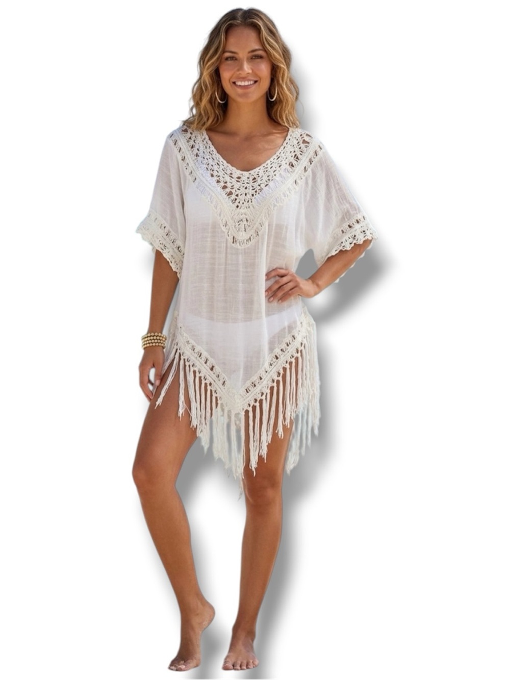 Bohemian Vivid White Fringe Beach Cover-Up Tunic Top Large